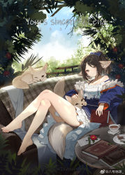 Rule 34 | 1girl, animal ears, arknights, bahao diqiu, bare legs, bare shoulders, barefoot, blue bow, blue dress, blue jacket, blush, book, bow, brown eyes, brown hair, closed mouth, couch, crossed legs, cup, day, dress, flower, fox, fox ears, fox girl, fox tail, frilled dress, frills, full body, hair bow, highres, holding, holding book, jacket, leaf, long sleeves, looking at viewer, off shoulder, on couch, open clothes, open jacket, perfumer (arknights), petting, plant, ponytail, red flower, saucer, solo, strap slip, tail, teacup