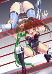 Rule 34 | 2girls, ass, boots, bow, breasts, brown hair, cleavage, cleavage cutout, clothing cutout, elbow gloves, fingerless gloves, gloves, green hair, hair bow, hair ribbon, kinniku buster, knee pads, kupala, large breasts, leg grab, legs over head, leotard, long hair, multiple girls, muscle buster, ponytail, purple eyes, revision, ribbon, ryona, sakurai chisato, saliva, see-through, thigh boots, thighhighs, thunder ryuko, very long hair, wrestle angels, wrestle angels survivor, wrestle angels survivor 2, wrestling, wrestling outfit, wrestling ring, yellow eyes