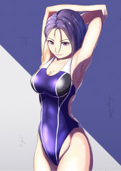 Rule 34 | 1girl, arm behind head, armpits, arms up, blue background, blue hair, blue one-piece swimsuit, breasts, cleavage, closed mouth, collarbone, competition swimsuit, cowboy shot, fire emblem, fire emblem: three houses, hair between eyes, highleg, highleg swimsuit, highres, medium breasts, nintendo, one-piece swimsuit, pink eyes, shamir nevrand, short hair, smile, solo, standing, sukkirito (rangusan), swimsuit, two-tone background, white background