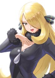 1girl absurdres black_coat blonde_hair breasts cleavage coat creatures_(company) curly_hair cynthia_(pokemon) fur-trimmed_sleeves fur_collar fur_trim game_freak grey_eyes hair_ornament hair_over_one_eye hand_on_own_chest highres long_hair medium_breasts nintendo one_eye_covered open_mouth pokemon pokemon_dppt sai_(abyss05) simple_background solo upper_body white_background