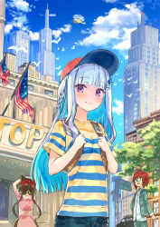 Rule 34 | 3girls, aircraft, american flag, ange katrina, aqua hair, backpack, bag, baseball cap, blunt bangs, bow, braid, building, city, cosplay, cowboy shot, day, dress, glasses, hair bow, hair ornament, hat, helicopter, inui toko, lize helesta, long hair, low twintails, mother (game), mother 2, multiple girls, ness, ness (mother 2), ness (mother 2) (cosplay), nijisanji, nintendo, outdoors, pink dress, purple eyes, red hair, shirt, short hair, skyscraper, smile, striped clothes, striped shirt, taking picture, twintails, virtual youtuber, virus (obsession)