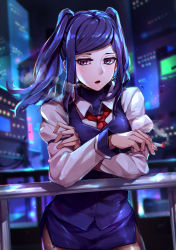 Rule 34 | 1girl, absurdres, black pantyhose, breasts, cigarette, city, highres, huge filesize, jill stingray, leaning forward, long hair, mr.lime, necktie, night, open mouth, pantyhose, purple eyes, purple hair, smoke, smoking, thighband pantyhose, twintails, uniform, va-11 hall-a, vest