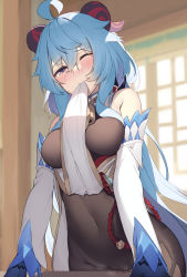 Rule 34 | 1girl, absurdres, ahoge, bare shoulders, bell, between breasts, blue gloves, blue hair, blush, bodystocking, breasts, closed mouth, covered navel, cowboy shot, crotch rub, detached sleeves, female masturbation, ganyu (genshin impact), genshin impact, gloves, highres, horns, indoors, long hair, long sleeves, masturbation, medium breasts, mouth hold, neck bell, nose blush, olive (laai), one eye closed, purple eyes, pussy juice, pussy juice drip through clothes, skin tight, solo, table humping, very long hair, vision (genshin impact)