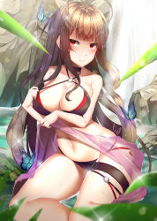 Rule 34 | 1girl, adjusting clothes, adjusting swimsuit, antenna hair, bikini, black bikini, blush, breasts, brown hair, bug, butterfly, cleavage, closed mouth, clothes lift, day, dsr-50 (girls&#039; frontline), girls&#039; frontline, highres, hime cut, insect, leaf, long hair, maze yuri, medium breasts, navel, o-ring, outdoors, plant, red eyes, rock, sarong, sarong lift, smile, solo, swimsuit, water, water drop, waterfall