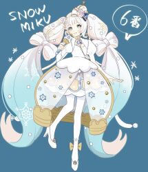 Rule 34 | 1girl, a z u k i, blue background, blue eyes, blue hair, blunt bangs, bow, character name, commentary, dress, full body, gold trim, gradient hair, grin, hair bow, hair ornament, hand up, hatsune miku, high heels, highres, holding, holding microphone, hoop skirt, layered skirt, light blue hair, long hair, long sleeves, microphone, multicolored hair, pantyhose, puffy long sleeves, puffy sleeves, see-through skirt layer, silver trim, simple background, skirt, slippers, smile, snow globe, snowflake hair ornament, snowflake ornament, snowflake print, snowflakes, solo, speech bubble, standing, standing on one leg, twintails, very long hair, vocaloid, white bow, white dress, white hair, white pantyhose, white skirt, yuki miku, yuki miku (2025) (candidate no.6)