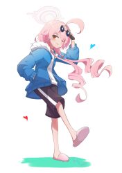 Rule 34 | 1girl, ahoge, black shorts, blue archive, blue jacket, blush, closed mouth, cosplay, full body, fur-trimmed jacket, fur trim, hair between eyes, highres, hoshino (blue archive), jacket, long hair, long sleeves, one eye closed, open clothes, open jacket, pink footwear, pink hair, rikotch07, sans (cosplay), sans (undertale), shirt, shorts, slippers, smile, solo, tongue, tongue out, undertale, white shirt, yellow eyes