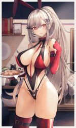 Rule 34 | 1girl, alternate costume, animal ears, areola slip, arm belt, azur lane, bare shoulders, belt, black cat, book, border, braid, breasts, cat, center opening, christmas, collar, commentary request, commission, cookie, cowboy shot, crown braid, dunkerque (azur lane), earrings, elbow gloves, fake animal ears, food, glass, gloves, grey hair, highres, hip bones, historical name connection, holding, holding plate, indoors, jewelry, large breasts, leotard, long hair, looking at viewer, mixed-language commentary, name connection, o-ring leotard, outside border, paid reward available, photo (object), plate, playboy bunny, purple eyes, rabbit ears, red gloves, red thighhighs, skindentation, solo, standing, thigh belt, thigh strap, thighhighs, very long hair, white border, yusha m
