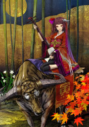 Rule 34 | 1girl, absurdres, autumn, autumn leaves, bamboo, bamboo forest, blunt bangs, brown hair, bull, flower, forest, hair flower, hair ornament, highres, horns, instrument, japanese clothes, jewelry, kimono, leaf, long hair, makeup, maple leaf, nature, obi, original, plectrum, red eyes, redjuice, sash, shamisen, short kimono, sitting, smile, solo, very long hair, yukata