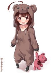 Rule 34 | 1girl, :3, ahoge, animal costume, animal ears, arms at sides, bear costume, bear ears, brown eyes, brown hair, collarbone, cosplay, ebifurya, from above, full body, hair through headwear, highres, kantai collection, kuma (kancolle), long hair, open mouth, sidelocks, sleeves past wrists, stuffed animal, stuffed toy, teddy bear, twitter username, white background