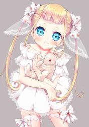 Rule 34 | 1girl, bare shoulders, blonde hair, blue eyes, blush, carrying, child, dress, fuu (07199382), hair ribbon, long hair, original, rabbit, ribbon, simple background, smile, solo, twintails