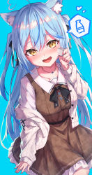 Rule 34 | 1girl, :d, absurdres, ahoge, animal ear fluff, animal ears, black bow, blue background, blue hair, blush, bow, breasts, brown dress, brown eyes, cat ears, collarbone, commentary request, cup, dress, hair between eyes, hand up, heart, heart ahoge, highres, holding, holding cup, hololive, jacket, long hair, long sleeves, looking at viewer, masaki (msk064), medium breasts, off shoulder, open clothes, open jacket, open mouth, shirt, simple background, sleeveless, sleeveless dress, sleeves past wrists, smile, solo, tokkuri, two side up, very long hair, virtual youtuber, white jacket, white shirt, yukihana lamy, yukihana lamy (casual)