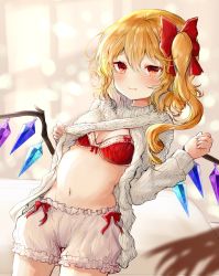 Rule 34 | 1girl, alternate costume, blonde hair, bloomers, blush, bow, bra, breasts, commentary request, cowboy shot, crystal, flandre scarlet, grey sweater, hair between eyes, hair bow, hand up, highres, long hair, long sleeves, looking at viewer, medium breasts, navel, no headwear, one side up, red bow, red bra, red eyes, solo, standing, stomach, sweater, touhou, underwear, white bloomers, wings, wool, yuma (yuuma pants)