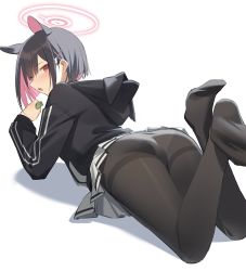 Rule 34 | 1girl, animal ears, ass, black hair, black hoodie, black pantyhose, blue archive, blush, colored inner hair, extra ears, food, from behind, hair behind ear, hair ornament, hairclip, halo, holding, holding food, hood, hood down, hoodie, kazusa (blue archive), kildir, looking back, lying, miniskirt, multicolored hair, no shoes, on stomach, open mouth, panties, panties under pantyhose, pantyhose, pink hair, pleated skirt, short hair, skirt, solo, the pose, thighband pantyhose, underwear, white skirt