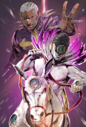 Rule 34 | 2boys, absurdres, dark-skinned male, dark skin, enrico pucci, feather collar, highres, holding, holding reins, horse, ikuyoan, jojo no kimyou na bouken, made in heaven (stand), male focus, multiple boys, outstretched hand, reins, stand (jojo), stone ocean, white hair