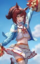 Rule 34 | 1girl, animal ears, arm up, belt, blue jacket, blurry, blurry background, brown hair, cloud, day, e nnihql, highres, holding, holding pom poms, horse ears, jacket, long sleeves, looking at viewer, midriff, navel, nice nature (run&amp;win) (umamusume), nice nature (umamusume), open clothes, open jacket, open mouth, outdoors, pom pom (cheerleading), pom poms, ponytail, sailor collar, shirt, shoes, short hair, skirt, sleeveless, sleeveless shirt, smile, socks, solo, thigh strap, umamusume, white shirt, white skirt, white socks, yellow eyes