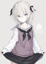 Rule 34 | 1girl, artist name, black bow, black neckerchief, black skirt, blue eyes, bow, capriccio, collarbone, commentary request, grey background, grey hair, hair between eyes, hair bow, long sleeves, looking at viewer, neckerchief, original, parted lips, puffy long sleeves, puffy sleeves, sailor collar, school uniform, serafuku, shirt, simple background, skirt, skirt hold, sleeves past wrists, solo, sweater vest, thighhighs, two side up, white sailor collar, white shirt, white thighhighs