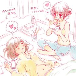 Rule 34 | 2girls, arrow (symbol), bad id, bad twitter id, barefoot, blush, cable, cellphone, charger, chopsticks, closed eyes, cup ramen, curtains, drooling, eating, electric plug, electrical outlet, female focus, food, full body, futon, heart, indoors, lying, morishima akiko, multiple girls, navel, noodles, on back, open mouth, original, partially colored, phone, pillow, ramen, short hair, sitting, sleeping, smartphone, spread legs, stomach, translation request, yuri