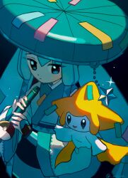 Rule 34 | 1girl, aqua hat, black background, blue eyes, blue hair, closed mouth, creatures (company), flute, game freak, gen 3 pokemon, hat, hatsune miku, highres, holding, holding flute, holding instrument, instrument, japanese clothes, jirachi, kimono, legendary pokemon, long sleeves, looking at viewer, mythical pokemon, nagomi ( nagomi ), nintendo, poke flute, pokemon, pokemon (creature), project voltage, sandogasa, simple background, solo, sparkle, star (symbol), steel miku (project voltage), tanzaku, twintails, twitter username, vocaloid, wide sleeves