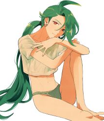 Rule 34 | 1girl, ahoge, alternate costume, barefoot, bright pupils, closed mouth, commentary request, creatures (company), cropped shirt, earrings, foot out of frame, game freak, green hair, green panties, hands up, head tilt, highres, jewelry, knee up, knees, legs, looking at viewer, navel, nintendo, no pants, osg pk, panties, pokemon, pokemon sv, ponytail, rika (pokemon), shirt, short sleeves, sitting, solo, spread toes, stud earrings, toes, underwear, white background, white pupils