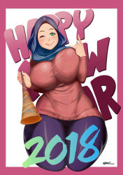 Rule 34 | 1girl, 2018, ;q, \m/, border, breasts, curvy, dark-skinned female, dark skin, eyebrows, eyeliner, eyeshadow, facing viewer, forehead, green eyes, happy new year, hijab, horn (instrument), huge breasts, lips, makeup, muslim, new year, nigaw, one eye closed, original, pantyhose, ribbed sweater, solo, sweater, taut clothes, thick thighs, thighs, tongue, tongue out, unaligned breasts, vuvuzela