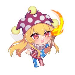 Rule 34 | 1girl, absurdres, american flag, american flag pants, american flag print, american flag shirt, arm up, blonde hair, blouse, blush, chibi, clownpiece, commentary request, eyelashes, fairy wings, fire, flag print, full body, hair between eyes, hand up, hat, highres, holding, holding torch, jester cap, long hair, long sleeves, looking to the side, neck ruff, no shoes, open mouth, pants, pantyhose, pointy ears, polka dot, print pants, print shirt, purple hat, red eyes, sakikagami, shirt, simple background, smile, solo, standing, star (symbol), star in eye, star print, striped clothes, striped pants, striped pantyhose, striped shirt, symbol in eye, teeth, tongue, torch, touhou, transparent background, v-shaped eyebrows, white background, wings