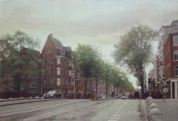 Rule 34 | amsterdam, apartment, building, car, commentary request, day, motor vehicle, motorcycle, naohiro ito, netherlands, no humans, original, painting (medium), real world location, road, road sign, scenery, sign, street, sunlight, traditional media, traffic light, tree, watercolor (medium)