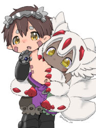 Rule 34 | 1boy, 1girl, auchu jin, biting, brown hair, chibi, child, claws, dark-skinned female, dark skin, extra arms, faputa, furry, green shorts, hair between eyes, helmet, light blush, looking at viewer, made in abyss, mechanical arms, mechanical hands, mechanical legs, multicolored clothes, multicolored shorts, multiple tails, navel, no nipples, open mouth, orange eyes, pointy ears, purple shorts, red claws, regu (made in abyss), robot, shorts, tail, topless male, white background, white fur, white hair, yellow eyes