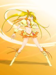 Rule 34 | 10s, 1girl, agahat, blonde hair, boots, bow, cure sunshine, hair ribbon, heartcatch precure!, high heels, highres, knee boots, legs, long hair, long legs, magical girl, midriff, myoudouin itsuki, navel, orange background, orange bow, orange skirt, orange theme, precure, ribbon, shoes, skirt, solo, twintails, wrist cuffs, yellow eyes