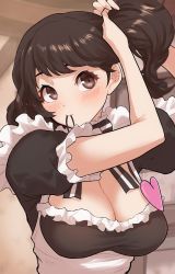 Rule 34 | 1girl, adjusting hair, apron, arms up, black dress, blush, breasts, brown eyes, brown hair, cleavage, dress, frilled apron, frills, hair tie in mouth, heart, highres, kawakami sadayo, kurosususu, large breasts, maid, mouth hold, persona, persona 5, short sleeves, solo, upper body, white apron