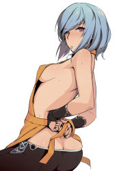 Rule 34 | 1girl, apron, ass, back, backless outfit, bare shoulders, blue hair, blush, breasts, butt crack, gloves, kurowa, marguerite (unlight), mouth hold, nearly naked apron, pants, red eyes, short hair, sideboob, solo, sweat, unlight