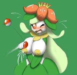 Rule 34 | 1girl, absurdres, bit-small, blush, breasts, creatures (company), female focus, flying sweatdrops, game freak, gen 5 pokemon, green background, green hair, highres, huge breasts, lactation, lilligant, long hair, nintendo, nipples, no humans, one eye closed, open mouth, own hands together, poke ball, pokemon, pokemon (creature), pokemon bw, red eyes, simple background, solo, standing, v arms
