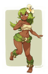Rule 34 | 1girl, :o, amalia sheran sharm, artist name, bare arms, bare legs, bare shoulders, barefoot, blush, breasts, brown eyes, cleavage, collarbone, commentary, dark-skinned female, dark skin, eyebrows, feet, female focus, flower, full body, green background, green hair, green hairband, green skirt, grey background, hair between eyes, hair flower, hair ornament, hairband, highres, large breasts, legs, long hair, looking away, midriff, navel, nestkeeper, open mouth, panties, pantyshot, revealing clothes, simple background, skirt, solo, strapless, tube top, underwear, wakfu, white flower, white panties, white tube top