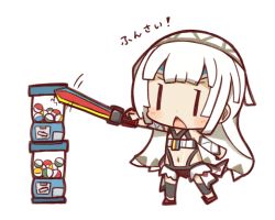 Rule 34 | &gt;:o, 1girl, :o, altera (fate), chibi, dark-skinned female, dark skin, fate/grand order, fate (series), gashapon, navel, nuu (nu-nyu), photon ray (fate), simple background, solo, standing, stomach, sword, triangle mouth, v-shaped eyebrows, vambraces, veil, weapon, white background, white hair, | |, || ||