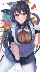 Rule 34 | 1girl, :o, absurdres, amahara subaru, animal ear fluff, animal ears, apron, black footwear, black hair, blue shirt, blue skirt, blush, braid, breasts, cat ears, cat girl, cat tail, cleavage, collared shirt, fang, fish, gloves, hair between eyes, hair ribbon, highres, indie virtual youtuber, isonade orca, long hair, looking at viewer, maid apron, multicolored hair, neck ribbon, open mouth, pantyhose, paw pose, pleated skirt, puffy short sleeves, puffy sleeves, red eyes, red hair, red ribbon, ribbon, see-through, shirt, shoes, short sleeves, skin fang, skirt, solo, streaked hair, tail, very long hair, virtual youtuber, white apron, white background, white gloves, white pantyhose