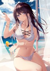 Rule 34 | 1girl, bangle, bare arms, bare shoulders, beach, bikini, black hair, bracelet, breasts, cleavage, cloud, collarbone, cup, curtains, day, drinking glass, drinking straw, earrings, frilled bikini, frills, groin, halterneck, highres, holding, hurricane glass, jewelry, large breasts, long hair, looking at viewer, multi-strapped bikini, navel, necomi, ocean, original, parted lips, purple eyes, sidelocks, sitting, sky, solo, stomach, string bikini, swimsuit, thighs, tropical drink, white bikini