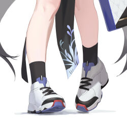 Rule 34 | 1girl, black socks, blue archive, chinese commentary, close-up, commentary, cross-laced footwear, facing viewer, footwear focus, heel up, highres, kokona (blue archive), legs, making-of available, shadow, shoelaces, shoes, simple background, sneakers, socks, solo, white background
