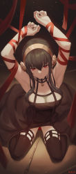 Rule 34 | 1girl, armpits, arms up, black dress, black hair, bound, breasts, cleavage, closed mouth, dagger, dark background, dress, earrings, flower, from above, gold earrings, gold hairband, hair flower, hair ornament, hairband, highres, jewelry, knife, large breasts, light particles, long hair, looking at viewer, looking up, nev (nevblindarts), raised eyebrows, red eyes, red ribbon, revision, ribbon, ribbon bondage, rose, sidelocks, sitting, solo, spy x family, stiletto (weapon), thighhighs, wariza, weapon, weapon on floor, yor briar, zettai ryouiki