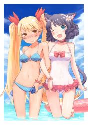 Rule 34 | 10s, animal ears, bikini, black hair, blonde hair, blue eyes, blush, border, bottle, cat ears, cat tail, cellphone, collar, cyan (show by rock!!), dog tail, glasses, gradient background, hair ribbon, innertube, kokotetsu, locked arms, long hair, looking at viewer, multiple girls, one eye closed, open mouth, phone, retoree (show by rock!!), ribbon, short hair, show by rock!!, smartphone, smile, swim ring, swimsuit, tail, twintails, very long hair, wading, water, white border, yellow eyes, yuri