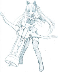 Rule 34 | 1girl, animal ears, blue theme, boots, cat ears, corkscrew, graphite (medium), luna lia, miniskirt, monochrome, original, sketch, skirt, solo, thigh boots, thighhighs, traditional media, twintails