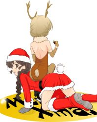 Rule 34 | 2girls, all fours, antlers, back, backless leotard, blonde hair, boots, braid, braided bun, braided ponytail, brown eyes, brown hair, brown legwear, brown leotard, christmas, commentary request, cup, darjeeling (girls und panzer), deer tail, dress, elbow gloves, english text, facing away, fake antlers, fake tail, fur-trimmed dress, fur-trimmed gloves, fur collar, fur trim, girls und panzer, gloves, grey mittens, hair bun, hair ornament, hair over shoulder, hairclip, hat, holding, holding cup, horns, leotard, long hair, long sleeves, looking at viewer, looking back, merry christmas, mittens, multiple girls, open mouth, pantyhose, red dress, red footwear, red headwear, reindeer antlers, rukuriri (girls und panzer), rukuriritea, santa boots, santa dress, santa hat, short dress, single braid, sitting, sitting on person, strapless, strapless leotard, sweatdrop, tail, teacup, teapot, twin braids, white background