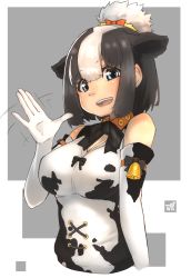 Rule 34 | 1girl, :d, animal ears, animal print, bare shoulders, bell, black hair, blue eyes, breasts, commentary request, cow ears, cow print, elbow gloves, extra ears, gloves, grey background, hair between eyes, highres, holstein friesian cattle (kemono friends), kemono friends, large breasts, looking at viewer, multicolored hair, open mouth, print shirt, shirt, simple background, sleeveless, sleeveless shirt, smile, solo, thin (suzuneya), two-tone hair, upper body, waving, white hair