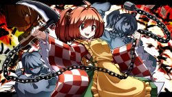 Rule 34 | 2girls, ahoge, apron, barrel, bell, buttons, chain, character name, checkered clothes, checkered kimono, claw (weapon), clothes writing, commentary request, explosion, eyes visible through hair, green eyes, hair bell, hair ornament, highres, holding, holding weapon, japanese clothes, kikoka (mizuumi), kimono, konpaku youmu, kusarigama, long hair, motoori kosuzu, multiple girls, multiple views, open mouth, partial commentary, red eyes, red hair, romaji text, sickle, sketch, smile, teeth, touhou, twintails, two side up, weapon, wide sleeves, yellow apron