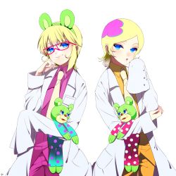 Rule 34 | 00s, 2boys, animal ears, bad id, bad pixiv id, blonde hair, blue eyes, cougar, doctor, dual persona, glasses, irabu ichirou, kuuchuu buranko, lab coat, long sleeves, male focus, multicolored hair, multiple boys, necktie, open mouth, short hair, sleeves past wrists, smile, stuffed animal, stuffed toy, time paradox, transparent, transparent background, trap, trapeze
