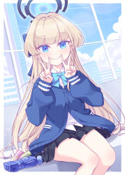 Rule 34 | 1girl, alternate costume, black skirt, blonde hair, blue archive, blue bow, blue cardigan, blue sky, bow, building, cardigan, closed mouth, cloud, collared shirt, commentary request, day, double v, dress shirt, feet out of frame, hair bow, halo, harada (sansei rain), highres, long hair, long sleeves, pleated skirt, puffy long sleeves, puffy sleeves, school uniform, shirt, sitting, skirt, sky, sleeves past wrists, smile, solo, toki (blue archive), v, very long hair, white shirt, window