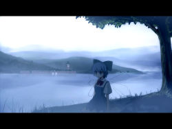 Rule 34 | 1girl, blue eyes, blue hair, blue theme, bow, cirno, female focus, hair bow, lake, landscape, letterboxed, matching hair/eyes, monochrome, outdoors, scarlet devil mansion, scenery, seo tatsuya, short hair, solo, embodiment of scarlet devil, touhou, tree, walking, wallpaper, wings