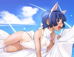 Rule 34 | 1girl, :d, animal ears, bare shoulders, beach, blue eyes, blue hair, blush, cat ears, day, ez6, fake animal ears, female focus, flat chest, lying, ocean, on side, one-piece swimsuit, open mouth, original, outdoors, partially visible vulva, see-through, short hair, smile, socks, solo, swimsuit, tan, tanline, thighs