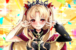 Rule 34 | 1girl, asymmetrical sleeves, between breasts, black leotard, black nails, blonde hair, blush, bow, breasts, cape, chiachun0621, closed mouth, confetti, detached collar, double v, earrings, egasumi, emotional engine - full drive, ereshkigal (fate), fate/grand order, fate (series), gold trim, hair bow, hands up, hood, hood down, hooded cape, hoop earrings, infinity symbol, jewelry, leotard, long hair, long sleeves, looking at viewer, medium breasts, nail polish, necklace, parody, parted bangs, red bow, red cape, red eyes, single sleeve, skull, smile, solo, sparkle, spine, tiara, trembling, two side up, uneven sleeves, v, wavy mouth, yellow neckwear