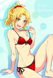 Rule 34 | 1girl, :d, bikini, bikini pull, blonde hair, breasts, character name, cleavage, clothes pull, commentary request, fate/grand order, fate (series), front-tie bikini top, front-tie top, green eyes, hair ornament, hair scrunchie, halterneck, harurukan, head tilt, highres, mordred (fate), mordred (fate) (all), mordred (fate/apocrypha), mordred (swimsuit rider) (fate), mordred (swimsuit rider) (first ascension) (fate), navel, open mouth, red bikini, scrunchie, short hair, short ponytail, side-tie bikini bottom, sitting, small breasts, smile, solo, spiked hair, swimsuit