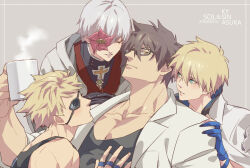 Rule 34 | 4boys, aqua eyes, asuka r. kreutz, black-framed eyewear, black gloves, blonde hair, blue eyes, blue gloves, blush, brown hair, cup, detached cape, eyepatch, father-in-law and son-in-law, father and son, gloves, grandfather and grandson, guilty gear, guilty gear strive, holding, holding cup, ky kiske, lab coat, long hair, long sleeves, looking at another, looking at viewer, male focus, mug, multiple boys, pectorals, scientist, short hair, sin kiske, smile, sol badguy, talgi, upper body, white hair, yaoi, yellow eyes