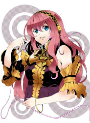 Rule 34 | 1girl, :d, adapted costume, bare shoulders, blue eyes, bracelet, cable, detached sleeves, female focus, frills, hair between eyes, hand up, headphones, jewelry, long hair, looking at viewer, megurine luka, open mouth, pink hair, retsuna, round teeth, smile, solo, teeth, vocaloid, white background, yellow detached sleeves